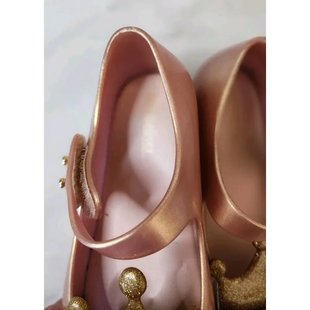 Mini Melissa Princess Crown Shoes Mary Jane Pearly Gold Sz 9 toddler Peep Toe